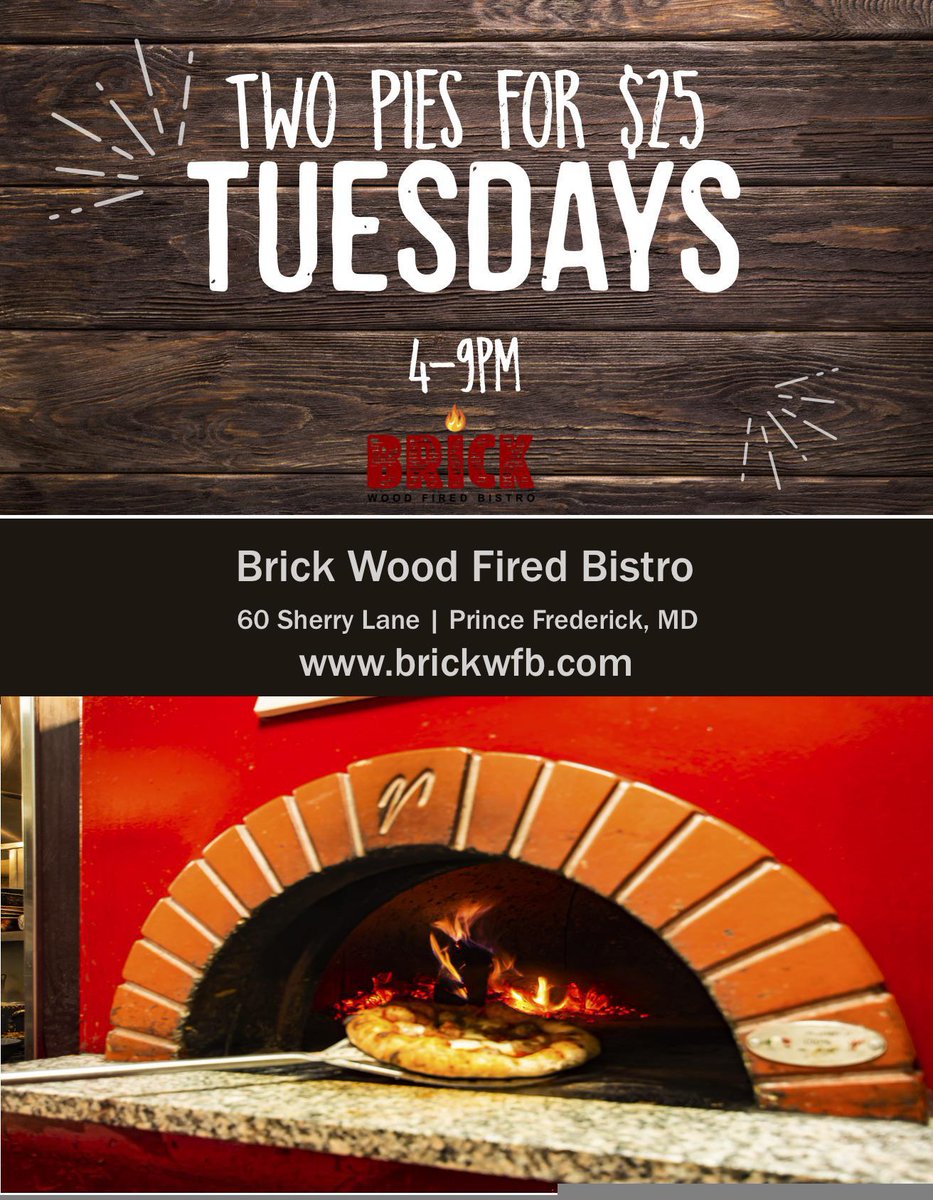 Brick_WFB's tweet photo. Two for $25 pizzas every Tuesday at Brick! #Twofor25 #WoodFiredPizza #PizzaTuesdays https://t.co/dq44Ksmrgj
