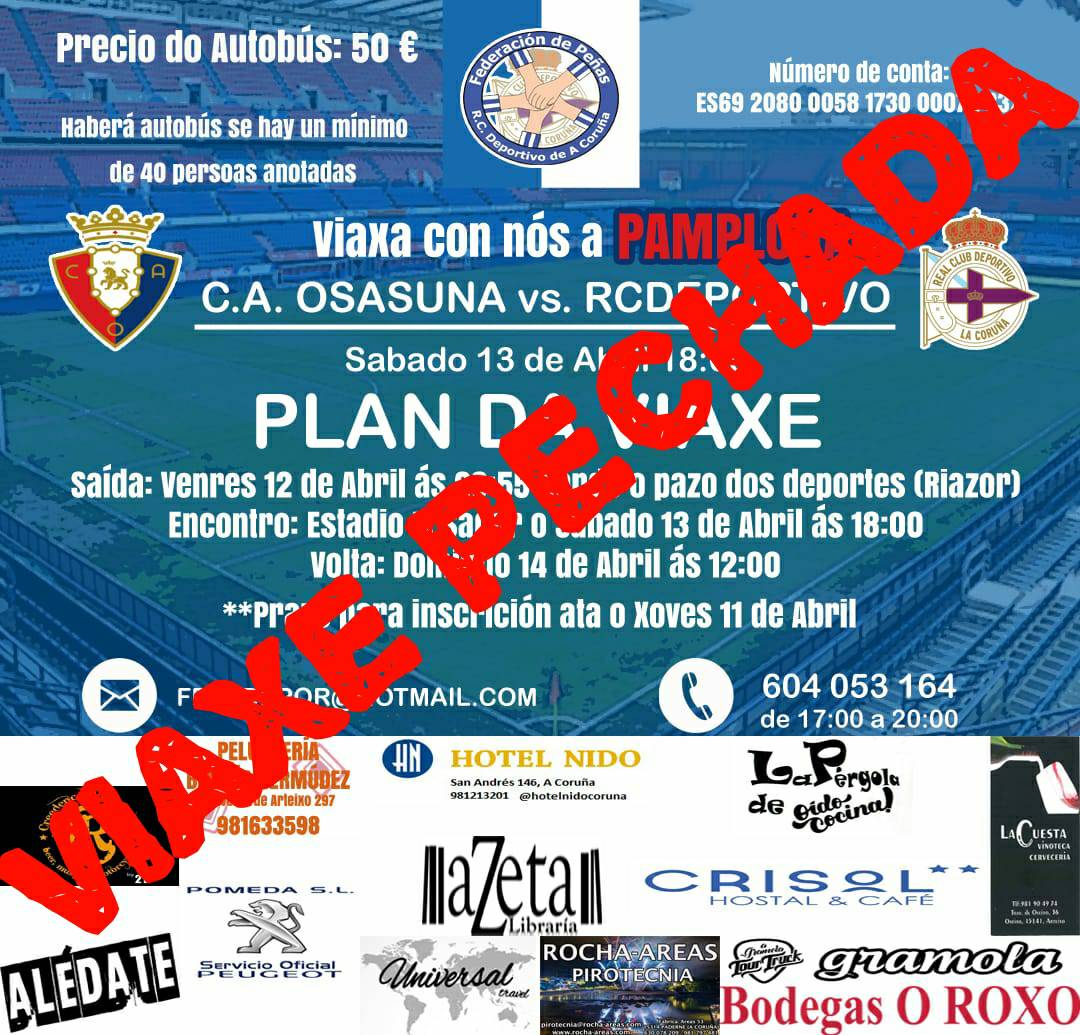 fpdeportivistas's tweet photo. Viaxe a Pamplona PECHADA. https://t.co/idxdShw4Qe
