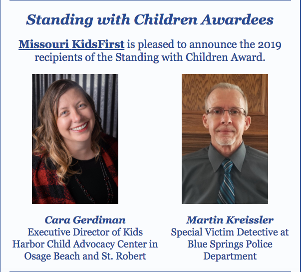 missouri_naca's tweet photo. We are excited to announce the 2019 Standing with Children awardees! We honor Cara Gerdiman (Kids Harbor) and Detective Martin Kreissler (Blue Springs) for excellence in advocating for children and raising awareness about child abuse. Join us on 4/29: https://t.co/Vgr3ZiU5ZW…/ https://t.co/yKmY8dqs08