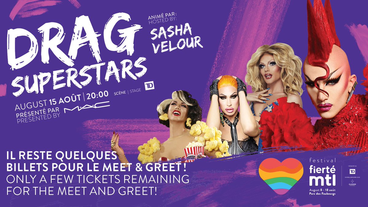 FierteMTLPride's tweet photo. Drag Superstars ⭐⭐⭐⭐⭐
Il reste quelques billets pour le meet & greet! 💜
Billetterie: https://t.co/IpVDo6rm1i
Only a few tickets remaining for the meet & greet! 💜
Tickets: https://t.co/zEW8WRMVUH
#fierteMTL #prideMTL #montreal #mtl #rpdr #drag #mtlfest #mtlmoments #love https://t.co/elehfVKLyw