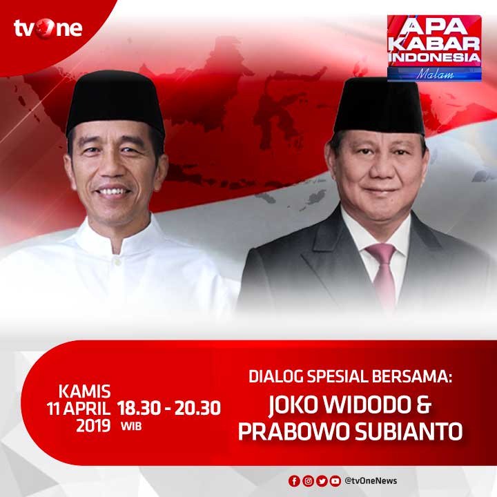tvOneNews's tweet photo. Jangan lewatkan Dialog Spesial Bersama: Joko widodo &amp; Prabowo Subianto. Dalam program Apa Kabar Indonesia Malam. Kamis, 11 April 2019 jam 18.30 WIB hanya di tvOne &amp; tvOne connect, android https://t.co/QUKHwwqFtx &amp; ios https://t.co/KYtjpK3p7O #AKIMalamtvOne #DialogSpesial https://t.co/Mm1sNyrCyO