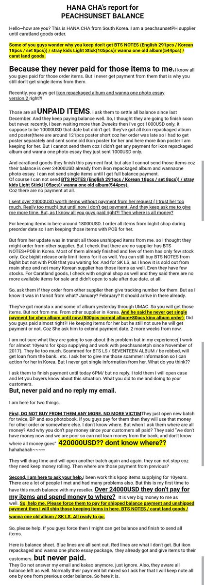 Woncheollieeee's tweet photo. Hello? Let us all help a legit supplier in Korea, Hana Cha.
She has a reseller and the reseller just scammed her buyers for $420,000, this amount is no joke. Please retweet and let anyone know and report PEACHSUNSET PH. https://t.co/aoNfyhtsdF
