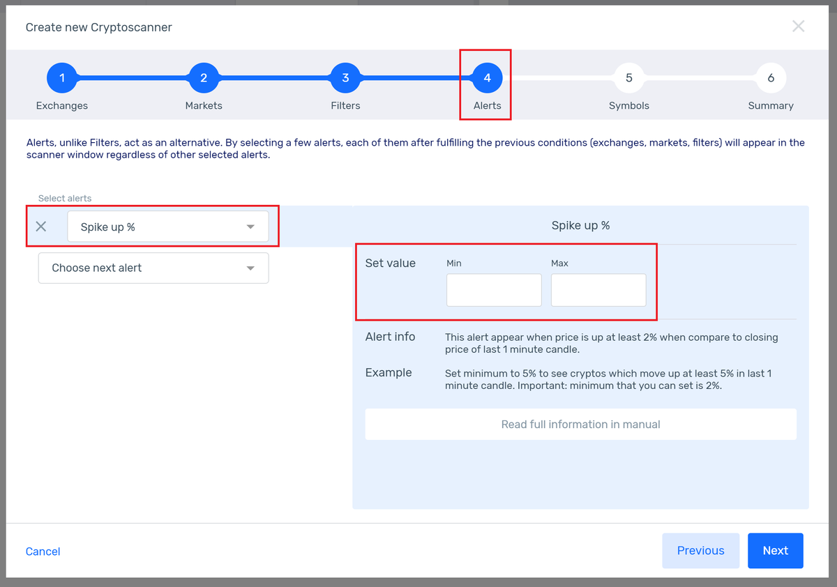 algoryapp's tweet image. How does &quot;Spike Up %&quot; alert work?

Example
Set minimum to 5% to see cryptos which move up at least 5% in last 1 minute candle. Important: minimum that you can set is 2%.

Check more: app.algory.io

#cryptoscanner #cryptocurrency #crypto #bitcoin #cryptotrading