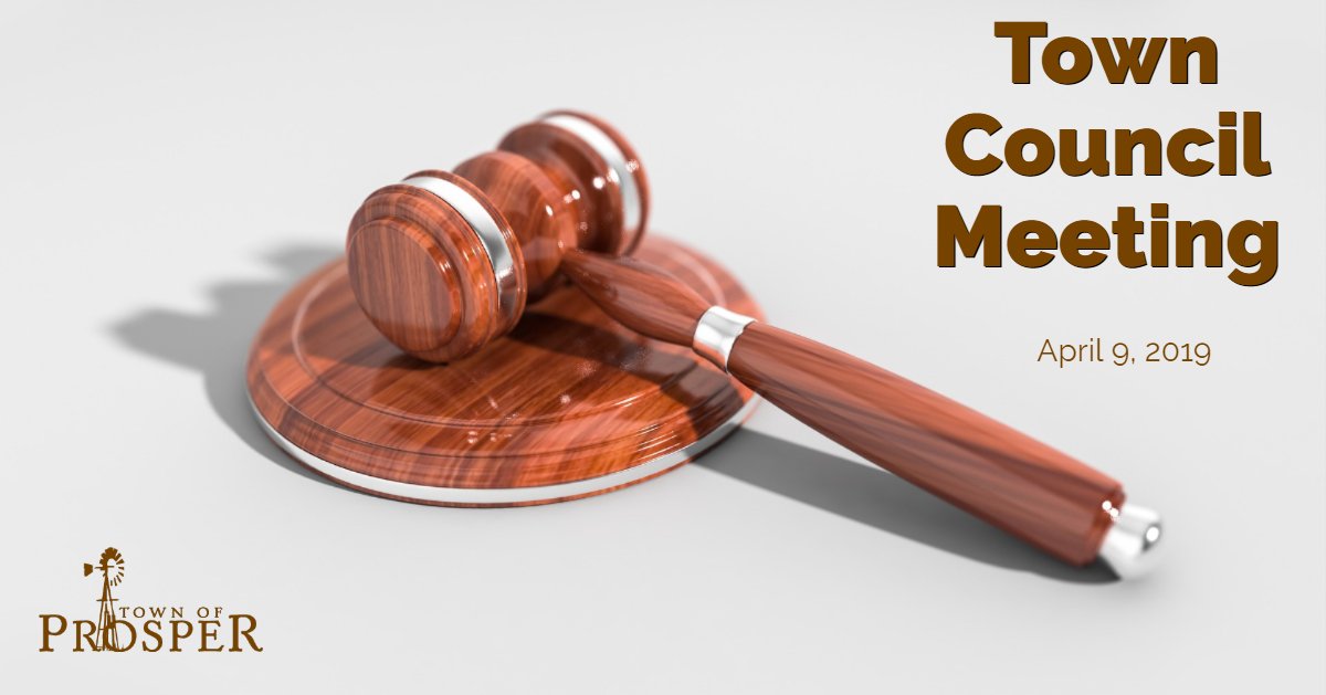 Town Council will hold an Agenda Briefing and its regularly scheduled meeting beginning at 5:45 p.m. today, April 9, 2019. The regular meeting will convene in Prosper Town Hall Council Chambers following the Agenda Briefing. Find the agenda here: ow.ly/wr8Y50pE4lK