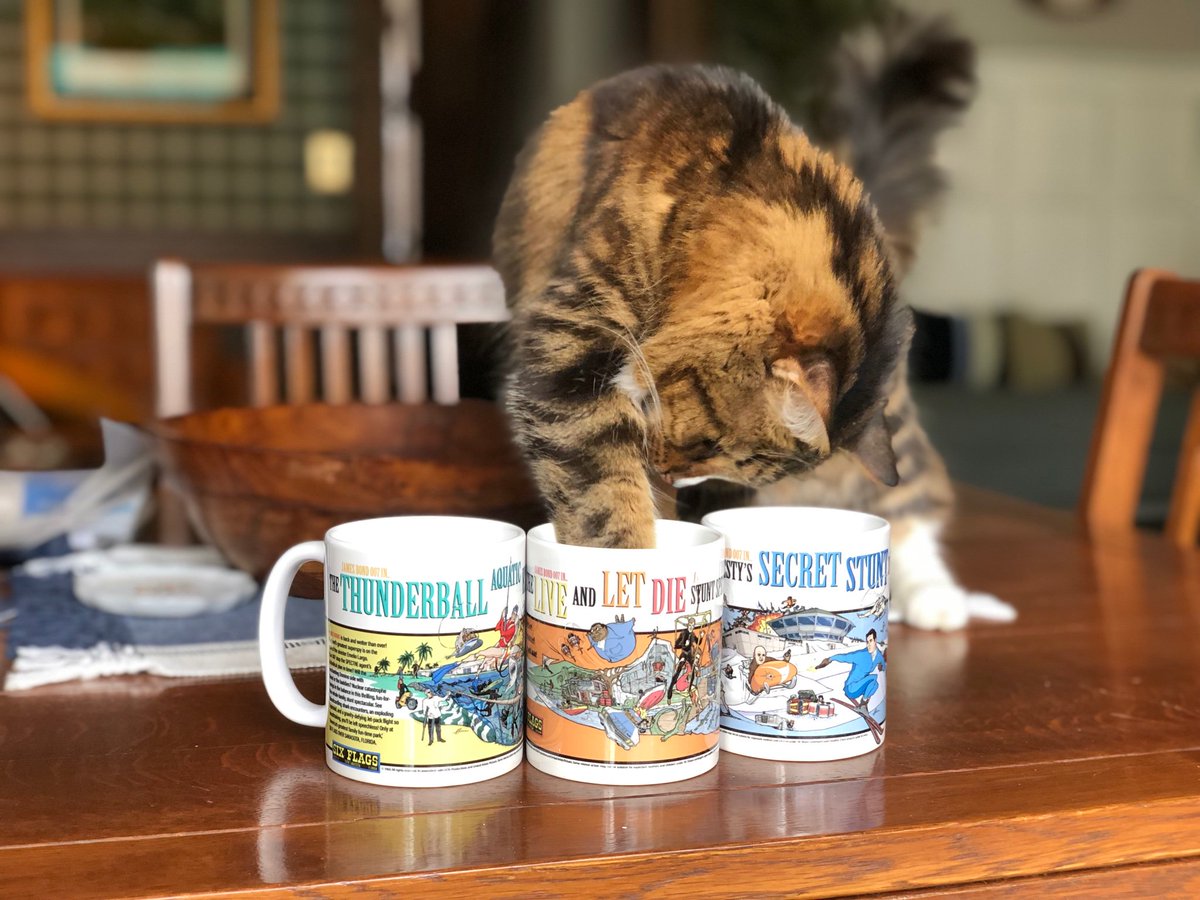 MattGourley's tweet photo. Get your 007 stunt spectacular mugs now! (Kitty not included [unless you have a robust cat food budget]). Available now along with prints at https://t.co/TIXq585JXC https://t.co/tNgQrKjNDt