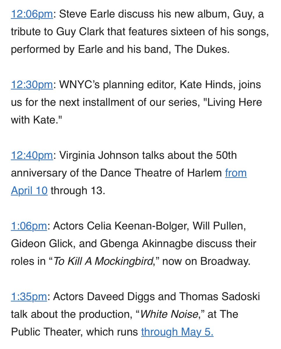 AllOfItWNYC's tweet photo. Todayโs show: @SteveEarle @katehinds @DTHballet #virginiajohnson @celiakb @gidglick @GbengaAkinnagbe #willpullen @mockingbirdbway @DaveedDiggs @ThomasSadoski @PublicTheaterNY https://t.co/R3klpAQxbK