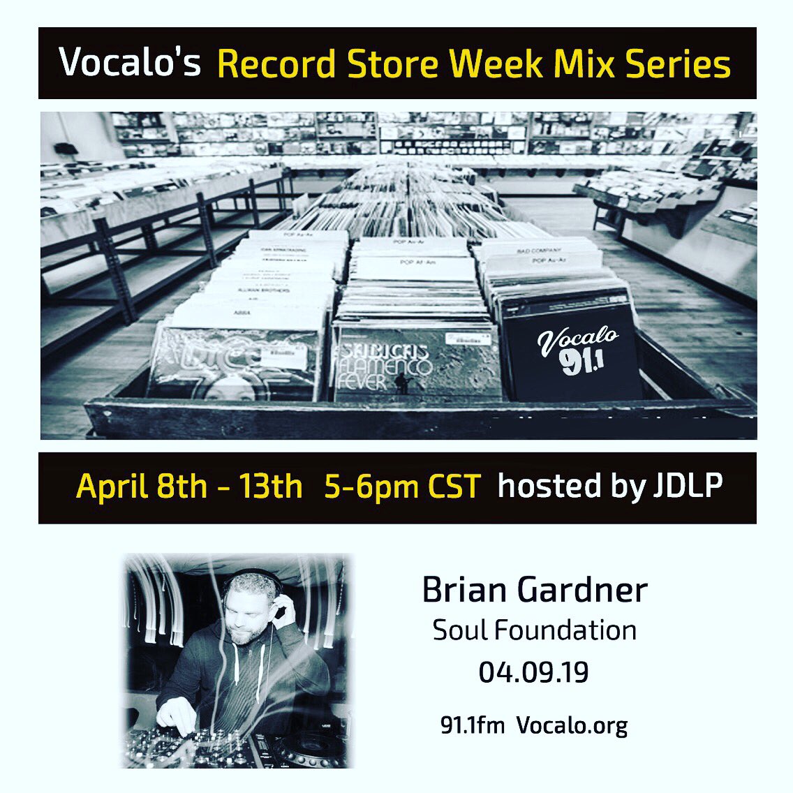 jessedelapena's tweet photo. Tune in for our "Record Store Week" Mix Series" (5-6pm CST) Tuesday 04.09.19 special guest DJ Brian Gardner (Soul Foundation) on @Vocalo
91.1fm streaming: https://t.co/LuGNERButS #VocaloRadioChi #RecordStoreWeek #SoulFoundation https://t.co/5YadzoxoGD