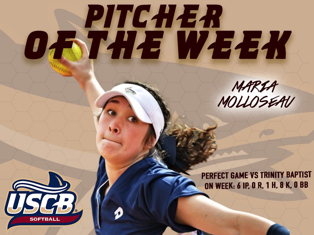 USCBAthletics's tweet photo. Never a doubt! Congrats to @USCBSoftball's Molloseau for earning @TSCSports Pitcher of the Week honors! #FinsUp https://t.co/Kv1pqz7Hgy