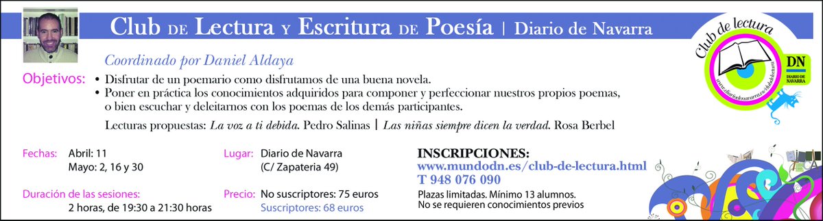 El jueves comienza un nuevo taller de poesía con Dani Aldaya. Anímate a participar. Puedes inscribirte en Mundo DN o en la C/Zapatería, 49   mundodn.es/taller-de-poes…