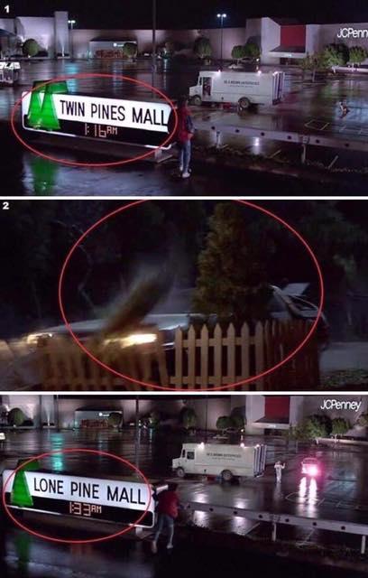 Movie Details on Twitter: "[Back to the Future] Twin Pines Mall becomes  Lone Pine Mall after the Delorean knocks one of them down in the past  https://t.co/1z5sJgc7nI" / Twitter