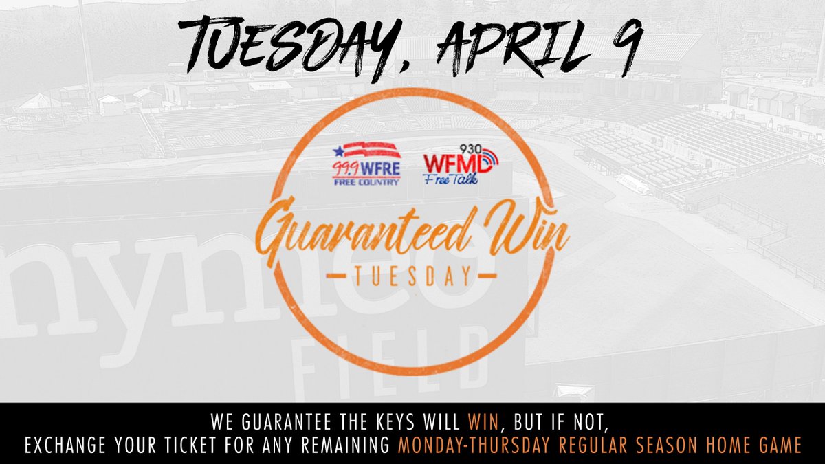 FrederickKeys's tweet photo. It's Guaranteed Win Tuesday pres. by @wfre and @930WFMD! If the Keys pull off the win tonight, we all win, but if the Keys lose, you still win because you can exchange your tickets for any remaining Monday-Thursday regular season game! Gates at 6 PM for the 7 PM start. https://t.co/YHCKZaOP6x