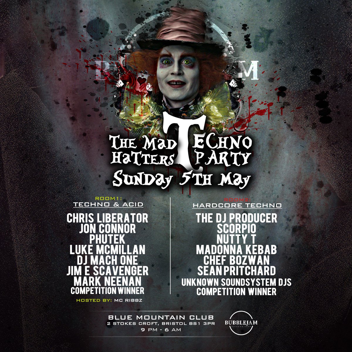 1BlueMountain1's tweet photo. #Bubblejam Presents 'The Mad Hatters #Techno Tea Party': "...a full production in both rooms for this two arena underground special and both will be recorded for a tape pack in digital form to be released after the event. - Tickets: https://t.co/ldwgu4DTqo - 05.05.19. https://t.co/6BTltqtySS