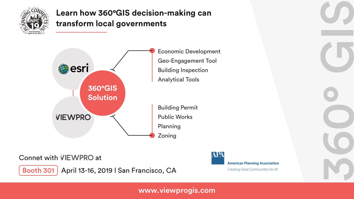 viewprogis's tweet image. Stop by at Booth 301 and learn about how 360GIS decision-making is helping local governments make informed decisions at National APA Conference.  #360GIS #360decisionmaking #technologyinnovation #NPC19