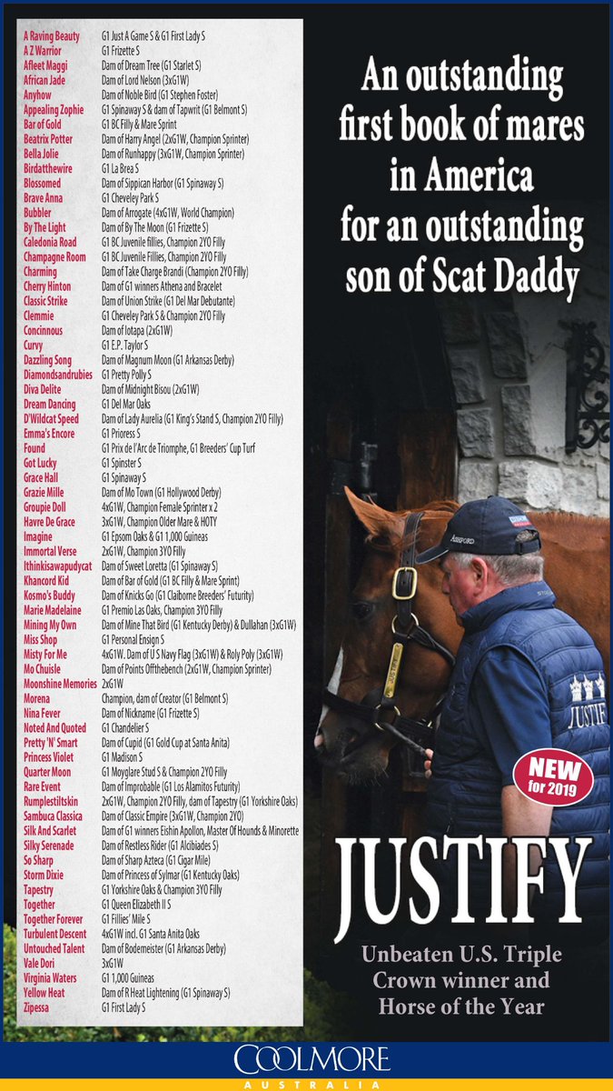 Melissa Bauer-Herzog - Pyrois Media (@pyroismedia) on Twitter photo This is quite the list of mares Justify bred at <a href="/coolmoreamerica/">Coolmore America</a> this year. Includes the who's who of both Europe and North America including Found, Havre De Grace, Misty For Me, Groupie Doll, Bubbler, Champagne Room, D'Wildcat Speed, Imagine, Immortal Verse, ect ect ect. This is quite the list of mares Justify bred at <a href="/coolmoreamerica/">Coolmore America</a> this year. Includes the who's who of both Europe and North America including Found, Havre De Grace, Misty For Me, Groupie Doll, Bubbler, Champagne Room, D'Wildcat Speed, Imagine, Immortal Verse, ect ect ect.