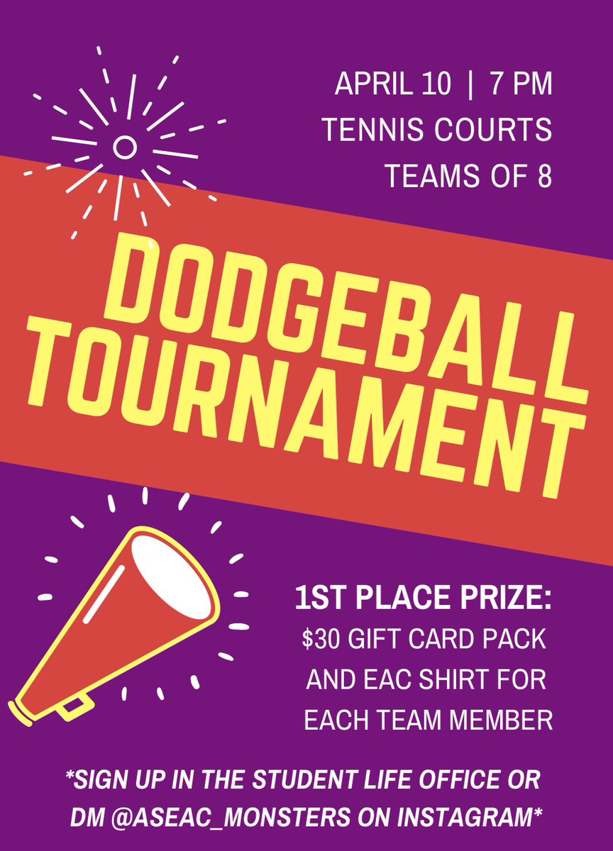 ASEAC_Monsters's tweet photo. Sign up your dodgeball team before noon on Wednesday and your team will get a FREE box of pizza before the tournament!🍕🍕🍕 https://t.co/MOoh4o5FAo