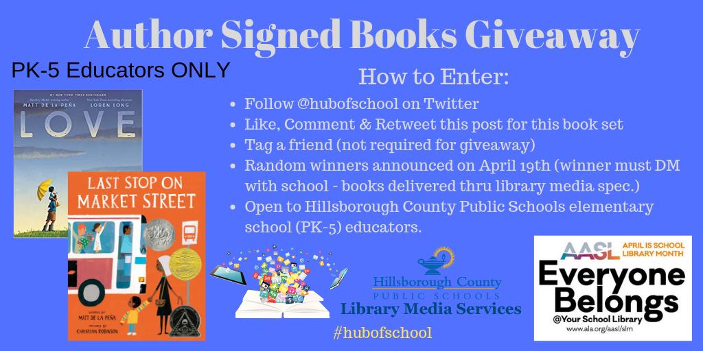 hubofschool's tweet photo. Celebrate #SchoolLibraryMonth with author signed book giveaways!  Deadline to enter 4/18 11:59pm.  This book set open only to @HillsboroughSch PK-5 educators.  Full entry info on image. #hubofschool https://t.co/WAmDbwTvTf