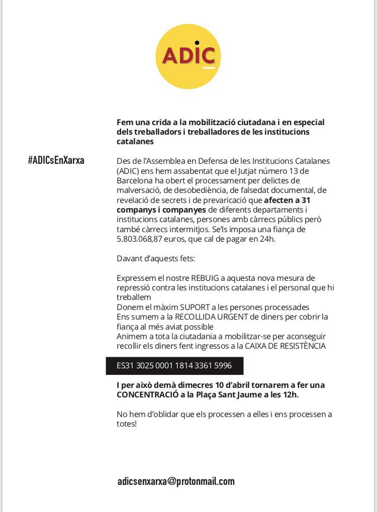 El Jutjat 13 BCN ha processat a 30 companyes

Contra aquesta nova mesura de repressió donem SUPORT a les  companyes processades. 

CALEN APORTACIONS URGENTS per a les fiances: 
ES31 3025 0001 1814 3361 5996