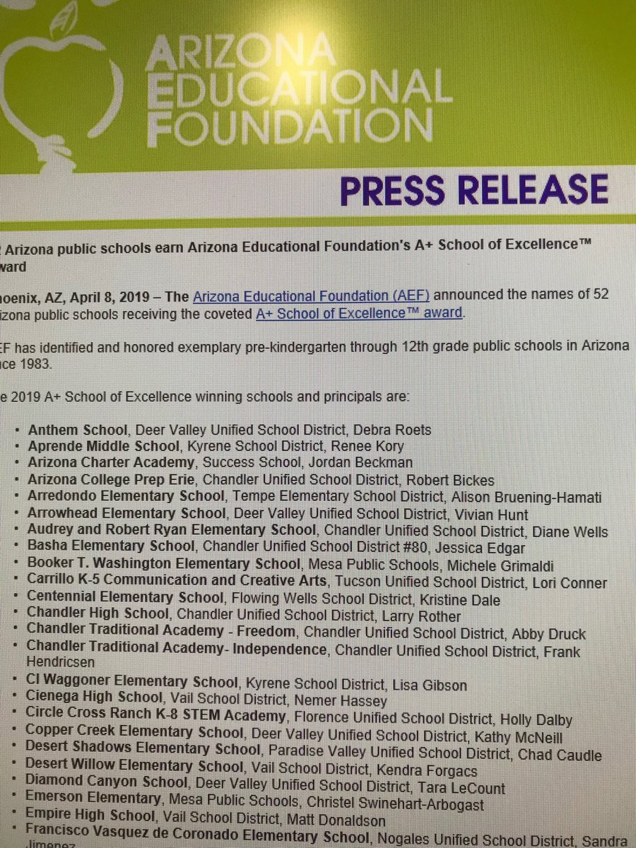 ⁦<a href="/DVUSD/">Deer Valley Unified School District</a>⁩ just picked up five more A+ School of Excellence Awards! #19! Anthem School, Arrowhead Elementary, Copper Creek Elementary, Diamond Canyon School, and Park Meadows Elementary. #extraordinary.