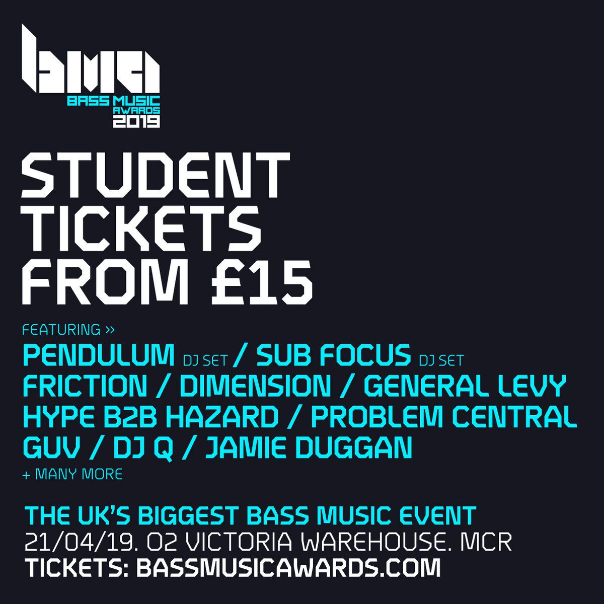 Students! 🙌🏽🙌🏽

Don’t miss Pendulum, Sub Focus &amp; many more at O2 Victoria Warehouse Manchester on Easter Bank Holiday Sunday 21st April!

Get student tickets from just £15 online now!

Ticket link >>> bit.ly/BMA2019