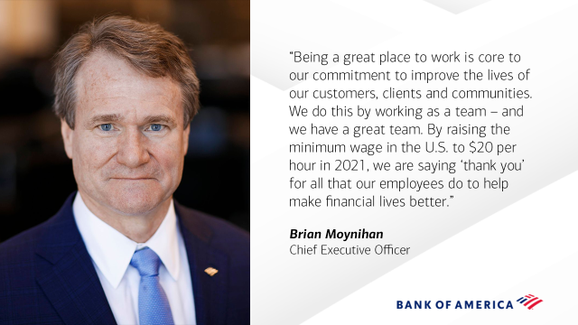 narera's tweet photo. At @BofA_News, we are reaffirming our commitment to being a #GreatPlaceToWork by raising the minimum wage in the U.S. to $20 per hour in 2021. https://t.co/YkgiiXdHdW https://t.co/UllNDcHjY0
