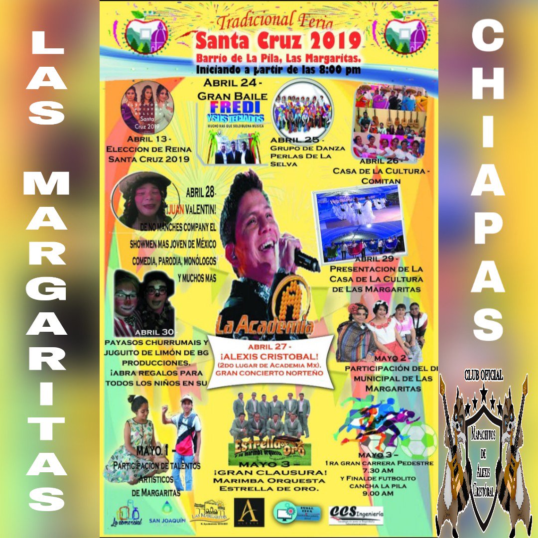 MapachitosBC's tweet photo. @AlexisMusicMX  se presenta este  #Sábado27 de  #Abril 9:00 pm.En  #LasMargaritasChiapas
Barrio de la Pila  #FeriaSantaCruz2019
 Presentado su #PrimerSencillo #QueNoTeFalleElCorazón.Comité de la feria y consejo de participación y colaboración vecinal  y @MapachitosDeAC invita. https://t.co/AWEDIPjRPk
