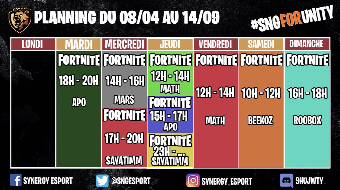 SNGEsport's tweet photo. 1ère semaine de vacances=grosse semaine de live pour la Synergy 👍🏻 #sngforunity #fortnitelive #twitch #youtube #streaming https://t.co/snU0TtOMtd