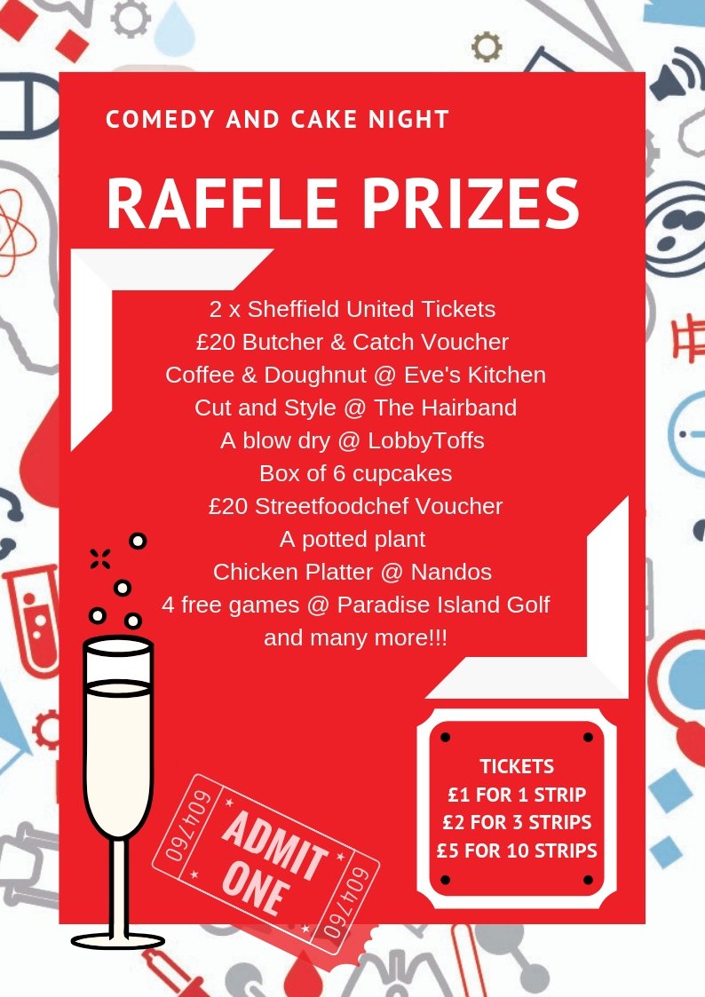 SheffStreetDrs's tweet photo. #comedyandcake2019 We will be holding a raffle on the night with loads of amazing prizes up for grabs. £1 a Strip of 3 for £2 or if you are absolutely rolling in it 10 Strips for a £5! 

Monday 29th April 7pm @bloo88sheffield - not to be missed! https://t.co/ENjQOHjnan