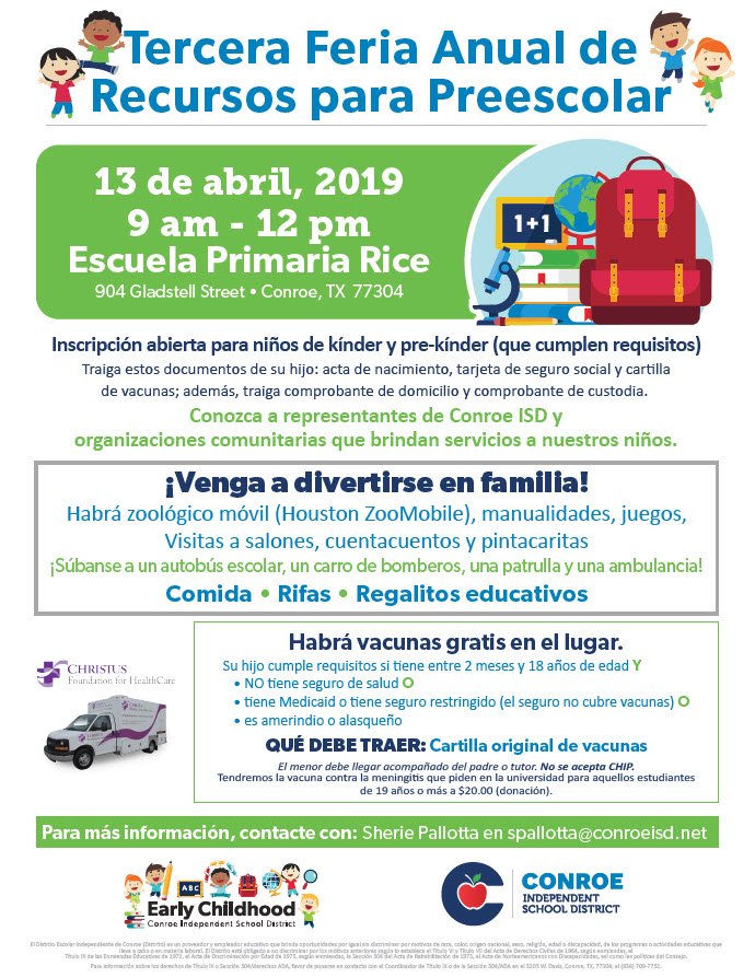 The 3rd Annual Early Childhood Resource Fair will be held on Saturday, April 13, 2019, at Rice Elementary School!