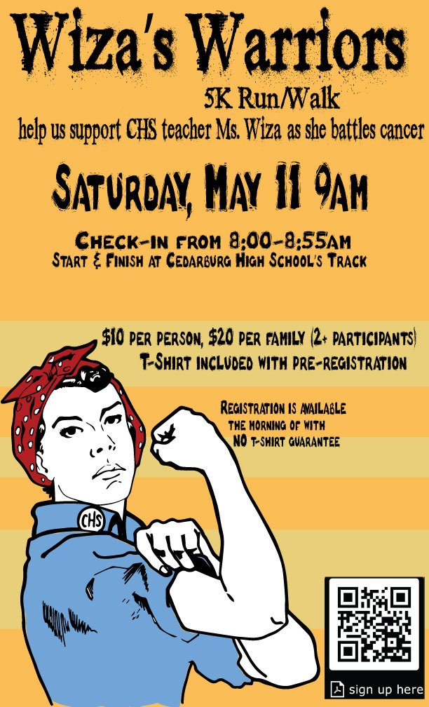 jhannam44's tweet photo. Please help us support CHS teacher Ms. Wiza as she battles cancer by participating in the Wiza's Warriors 5k Run/Walk on Saturday, May 11th at the CHS Track. Help us spread the word about the great event and sign-up today! #PrideCHS https://t.co/X2M3G4wlgn