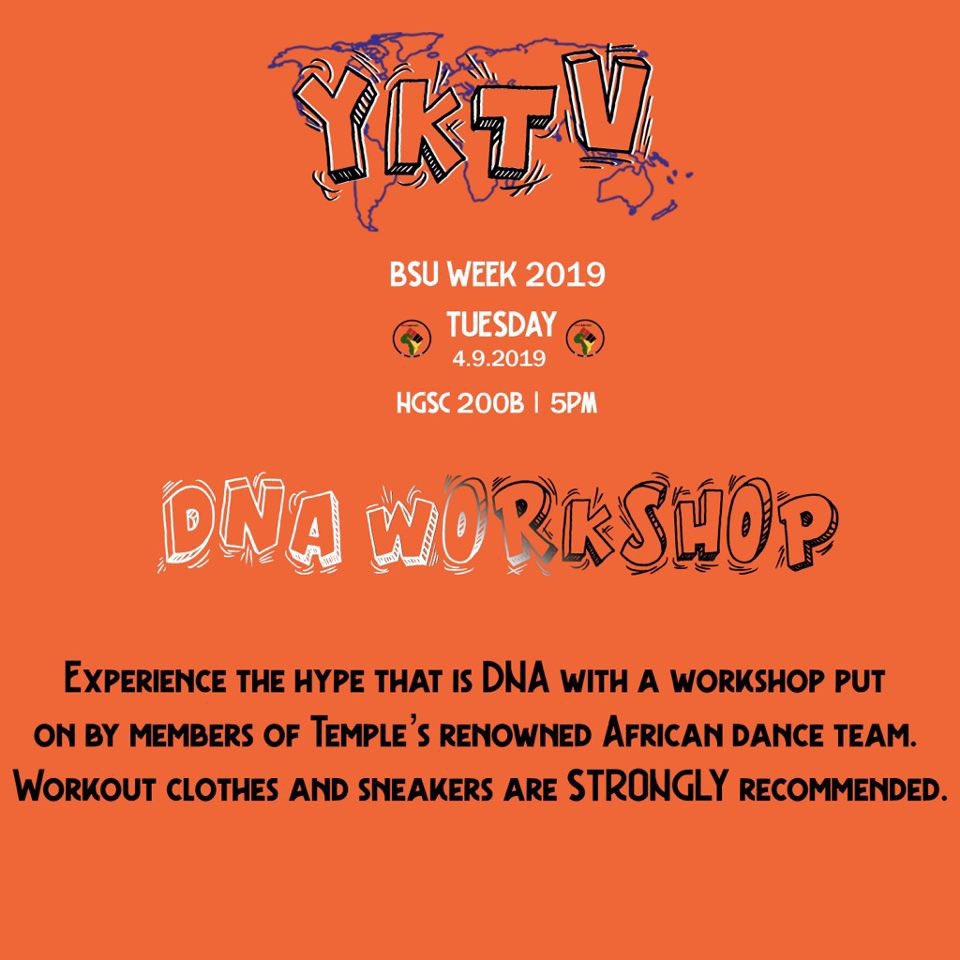 bsu_temple's tweet photo. Are y’all ready for day 2 of #BSUWeek2019?! Join us at 5 to learn a dance from the one and only Dynamic Afrique!!! See y’all there ✨ https://t.co/3ED9Maioe7