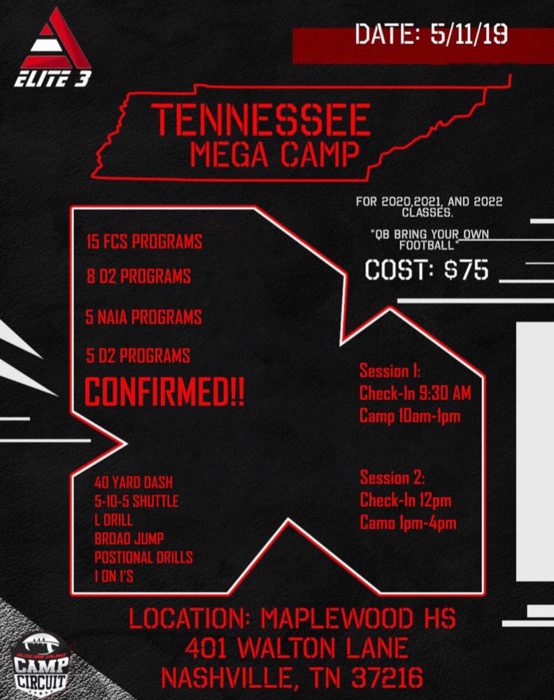 _Elite3's tweet photo. May 11th “Tennessee Mega Camp” will be loaded with talent from TN, GA, AL, and KY. Double digits schools have already confirm. Registration will open soon. 
1 Day 2 Sessions!
**SPACE WILL BE LIMITED** 
#Nashville #Exposure #SayLessDoMore https://t.co/kVHjEiKj8d