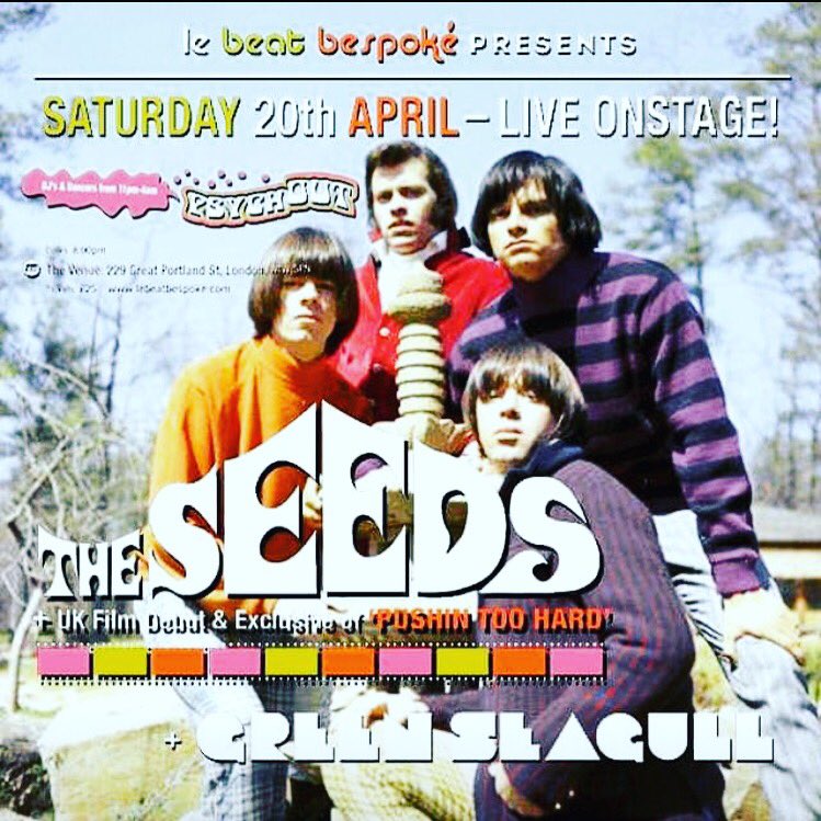 GreenSeagull1's tweet photo. Still time for you to get your tickets for our gig supporting the pioneers of garage rock #theseeds at the @229thevenue with UK film premiere of #pushintoohard Tickets: https://t.co/iJjWqvwwKt @NewUntouchables #lebeatbespokefestival @BBC6Music @gidcoe @marcrileydj https://t.co/4ztjiA8juV