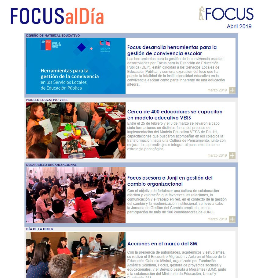 focuschile's tweet image. Te invitamos a leer el #FocusAlDía - abril 2019. Dónde podrás revisar los últimos proyectos, estudios y programas desarrollados por @focuschile 👉bit.ly/2KpRWsS / #ModeloVESS @SJMChile @americasolidari @PatioVivo @ComunidadMujer @sip_colegios @agenciaeduca