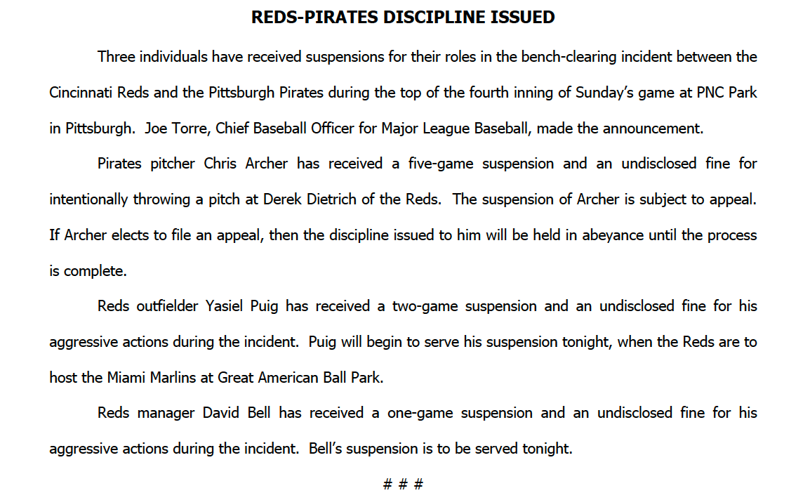 MLB_PR's tweet photo. Pirates pitcher Chris Archer and Reds outfielder Yasiel Puig, as well as manager David Bell, have been suspended for their roles in bench-clearing incident between @Reds and @Pirates on Sunday. https://t.co/Nejj1d9to7