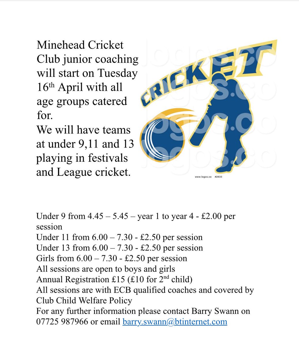 Minehead Cricket sessions start a week today. It doesn’t matter if you have never played before, come along and have some fun whilst supporting a local club 🏏