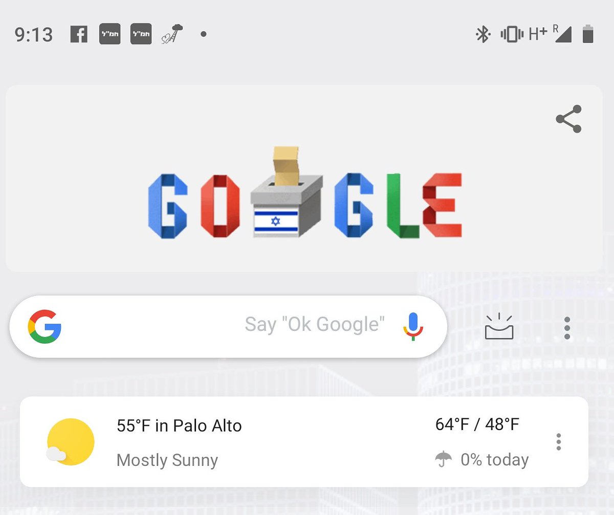 🇮🇱 Upset that I can't vote in the Israeli elections today since there are no absentee ballots for citizens outside of Israel.

On the bright side, the weather in Palo Alto is great and <a href="/Google/">Google</a> changed my home page in honor of the elections :)

#IsraelElections2019