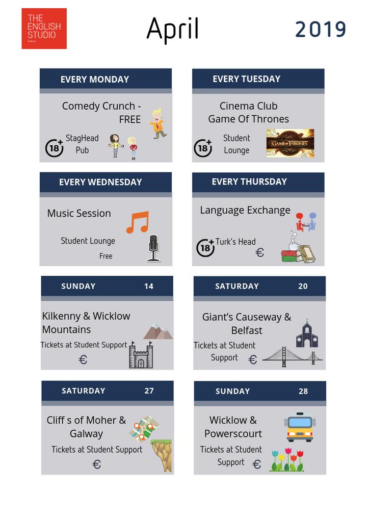 englishstudioD's tweet photo. Check out our social calendar for April!!!🤩🌞
Stay tune on our Social Media for updates about all the events happening at the school!😎
For the full month calendar go to our page: https://t.co/AC5a17CwhG

#LearnEnglishInDublin #EnglishStudentLife #LanguageSchool https://t.co/v7q5zKbdK8