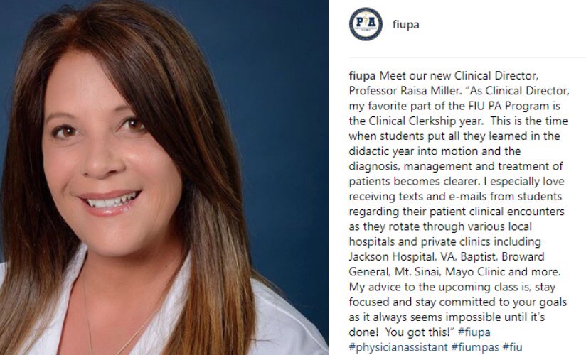 DrSteveMed's tweet photo. Meet our new #Clinical Director, Professor Raisa Miller. - “As Clinical Director, my favorite part of the @FIU @FIUMedicine #FIUPA #MPAS Program is the Clinical #Clerkship year. This is the time when #PAstudents put all they learned in the didactic year into motion.” - Congrats! https://t.co/KZXFRjBwlx