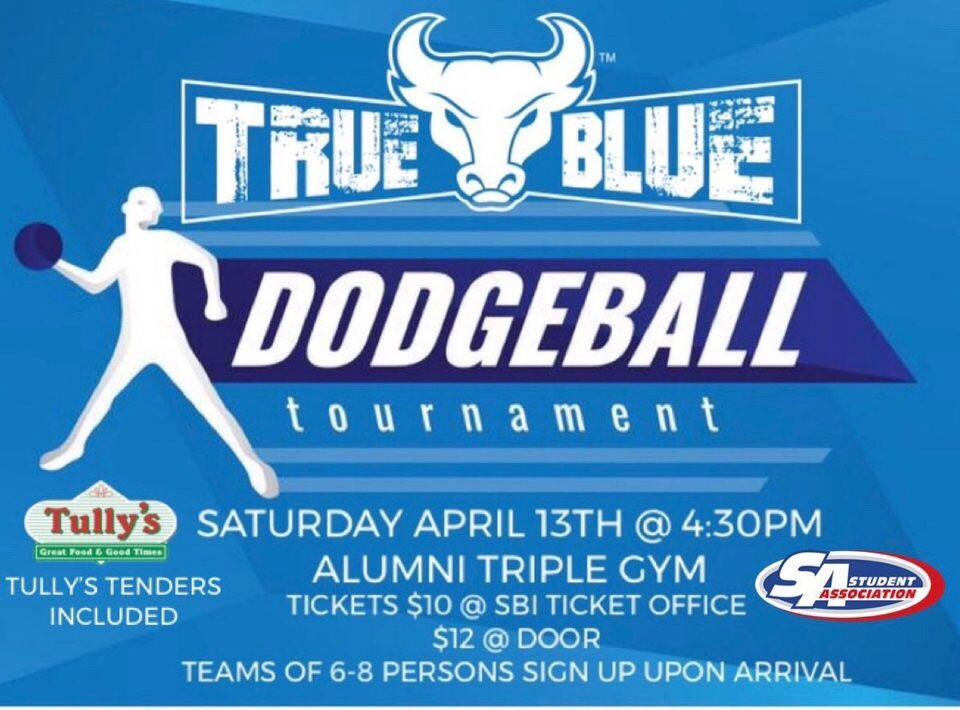 UBTrueBlue's tweet photo. Our annual True Blue Dodgeball Tournament will take place this Saturday, April 13th at 430PM in the Triple Gym!!

Tickets are now on sale for 10 dollars at the SBI Ticket Office or for 12 dollars at the door!!

Dont miss out on the fun!!!

#UBuffalo #UBhornsUP https://t.co/XtqYVNYSvp