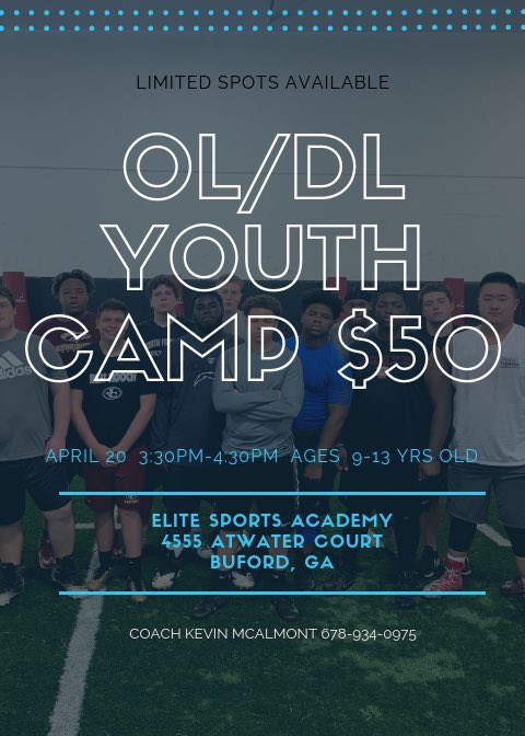 E1iteSportsAca's tweet photo. APRIL 20 OL/DL YOUTH CAMP.  2 hours of OL/DL work for $50.  Take advantage of this parents.  Get your kid ready for the upcoming season.  Contact Coach Kevin 678-934-0975.  Limited spots available. https://t.co/hYDYHyOAuE