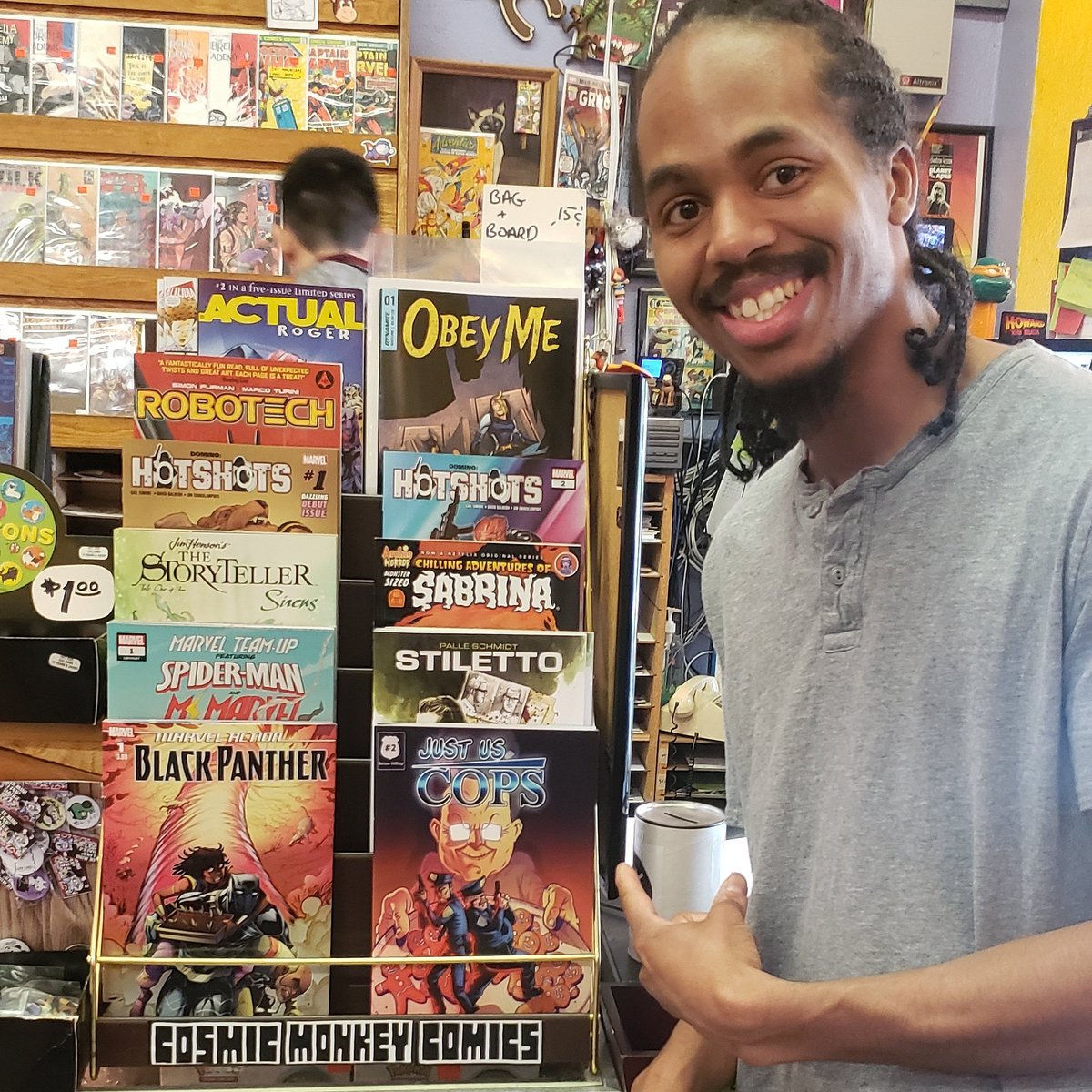 tncomedy's tweet photo. Just got word that my comicbook Just Us Cops hit another shelf at Cosmic Monkey Comics -@cosmicmonkey in Portland, Oregon today! Super cool comicbook store. Big selection and cool owners. Check it out Portland! Go grab an issue of @justuscops #2 .
.
.
#JustUsCops https://t.co/R1ILz5gFU2
