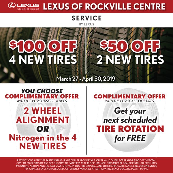 RVCLexus's tweet photo. Have you seen this month's New Tire Promotions? Now thru April 30th at Lexus Of Rockville Centre. Shop now: https://t.co/ONnC8sOFwz
#Lexus #TireSale https://t.co/DPwskcRP2u