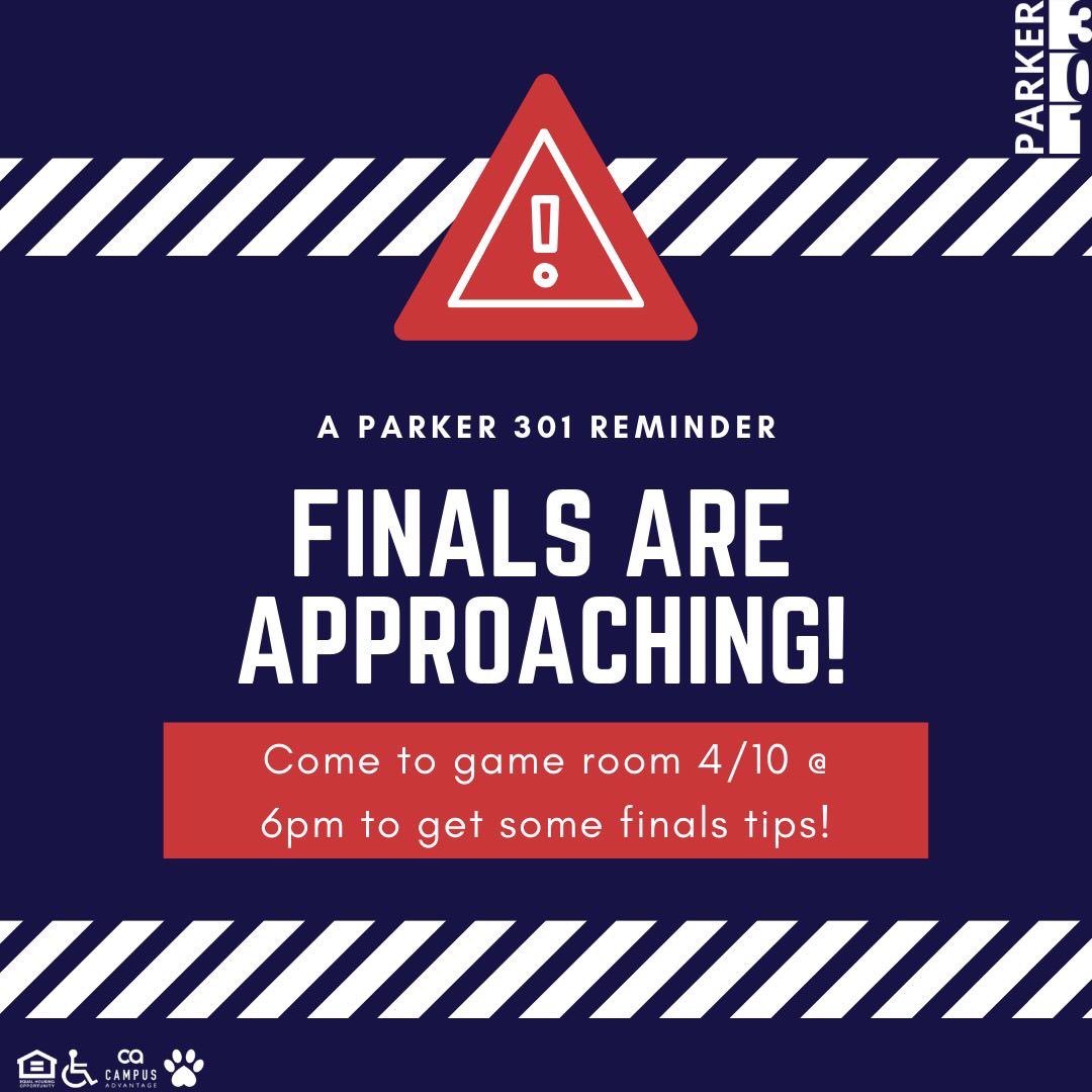 Finals Week is right around the corner! Come by the game room 4/10 @ 6pm to hear some tips on how to study and not over stress yourself! #StudyTIme #Strategy #LiveParker