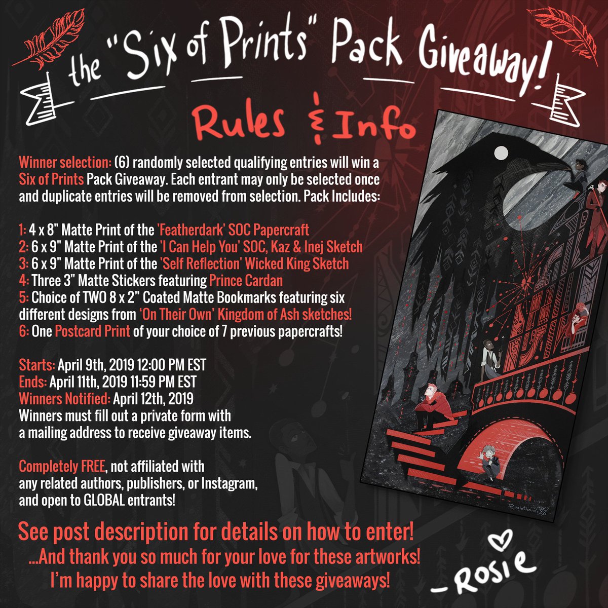 rosiethorns88's tweet photo. INFO: 
-Ends: April 11th, 2019 11:59 PM EST
-Winners Notified: March 11th, 2019
-Winners must fill out a private form with a mailing address to receive giveaway items.
-Completely FREE, not affiliated with any related authors, publishers, or Twitter and open to GLOBAL entrants! https://t.co/8TmXynOsst
