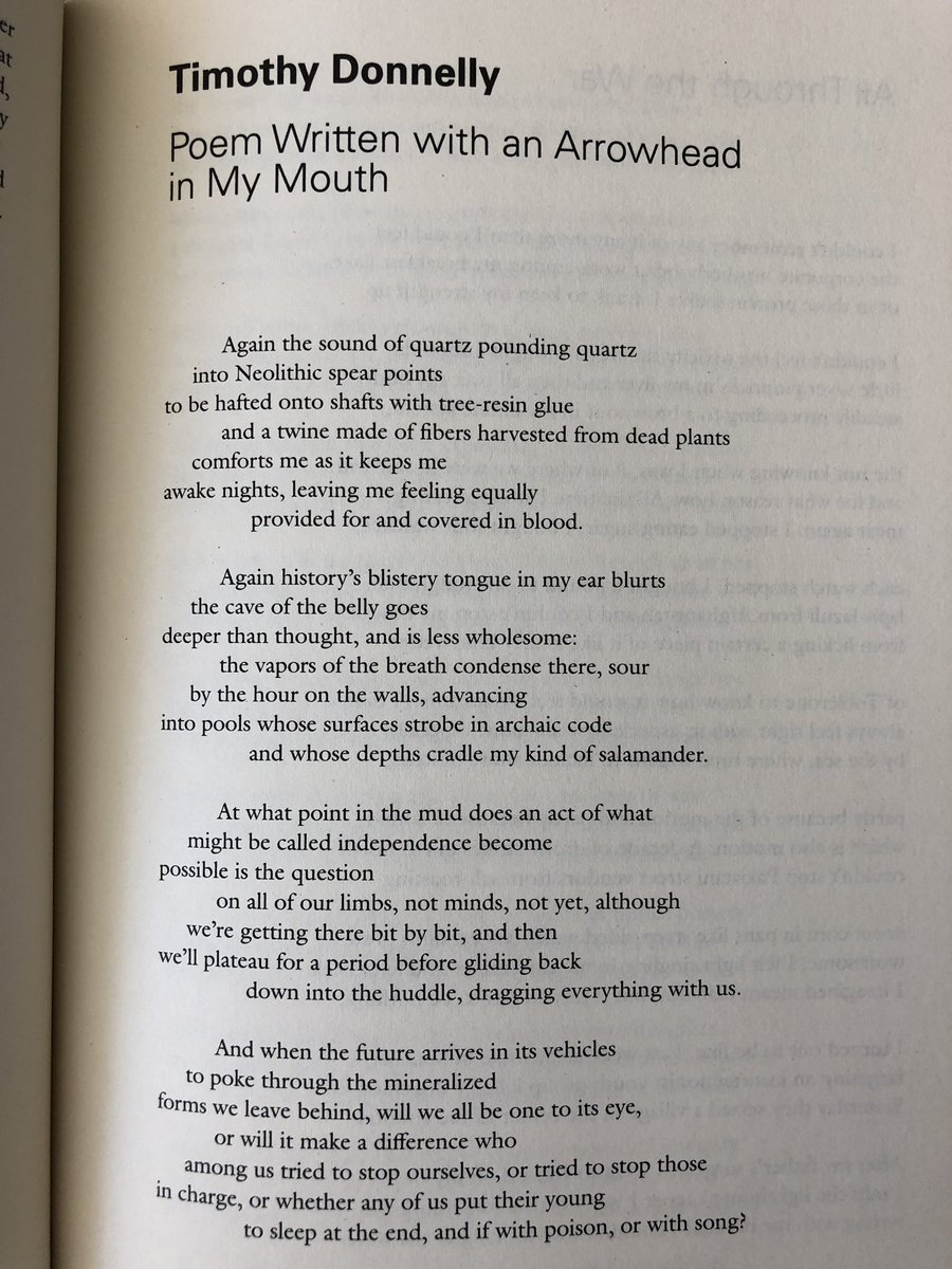 I keep coming back to this Timothy Donnelly poem in the recent New England Review: “whether any of us put their young / to sleep at the end, and if with poison, or with song?”