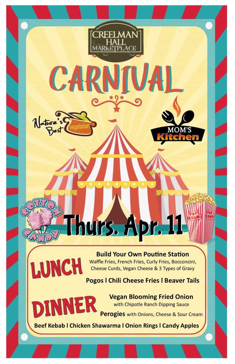 HospitalityUofG's tweet photo. Stop by Creelman on Thursday for Carnival day!!! ๐ฟ๐ ๐ก Yummy carnival foods and treats can be found at Nature's Best and Mom's Kitchen! #carnivalday #uofgfood #creelman https://t.co/qgehbnNLe3