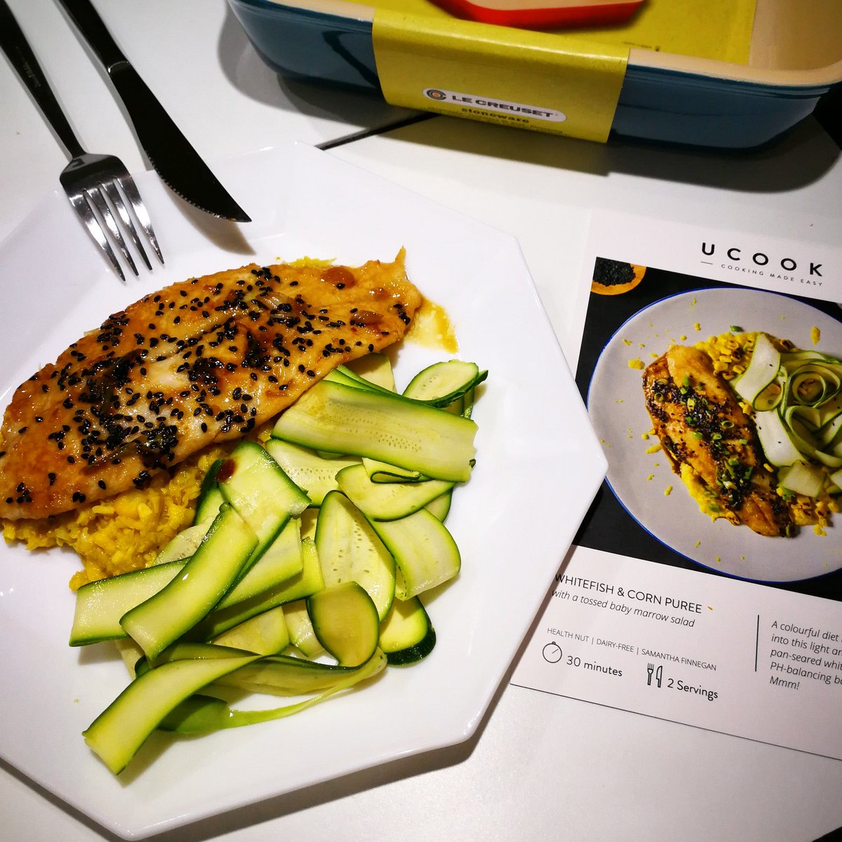 Nicole_TheGuru's tweet photo. The Whitefish and Corn Puree was Incredible! If you know me well, you will know that cooking isn't my favourite thing in the world to do, but @ucooksa makes it so much fun and so easy! A healthy dish that was so yum #ucooksa #ucook #HealthyLifestyle #HeathNut #LeCreuset #blogger https://t.co/qgYu5RVLru