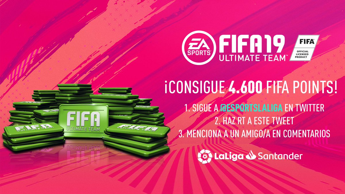 ¿Quieres mejorar tu plantilla de #FUT? ¡Sorteamos 5 códigos con 4.600 FIFA Points!

1 - Sigue a @esportslaliga 🆕
2 - ¡Haz RT! 🔁
3 - Menciona a un amigo con el que mantienes una gran rivalidad en el #FIFA19 de @EASPORTSEsp 

Bases: laliga.sh/28sgco