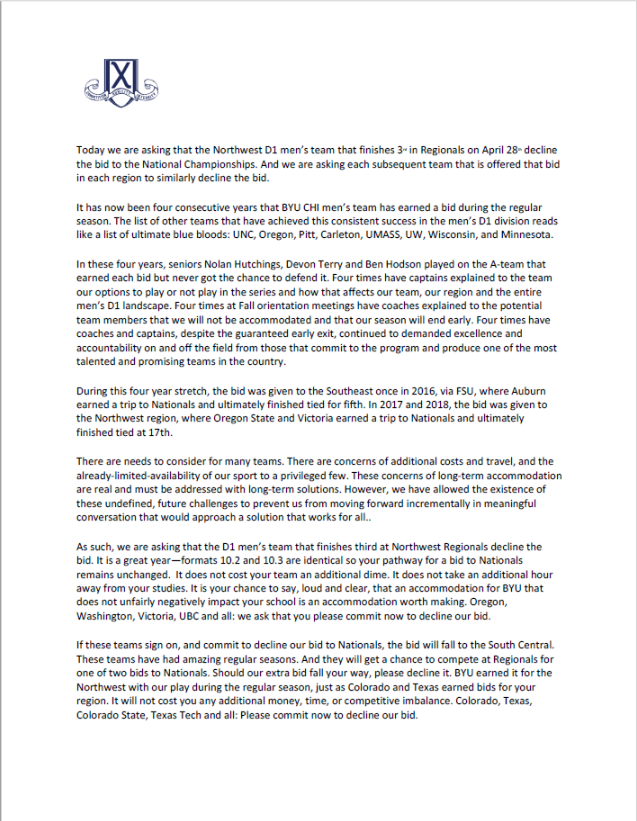 CHIUltimateFris's tweet photo. Today we’re asking that teams decline the bid earned by BYU for the Northwest to the 2019 @USAUltimate National Championships. Please see the attached letter. https://t.co/H16SndLs66 https://t.co/SlJtkCparN