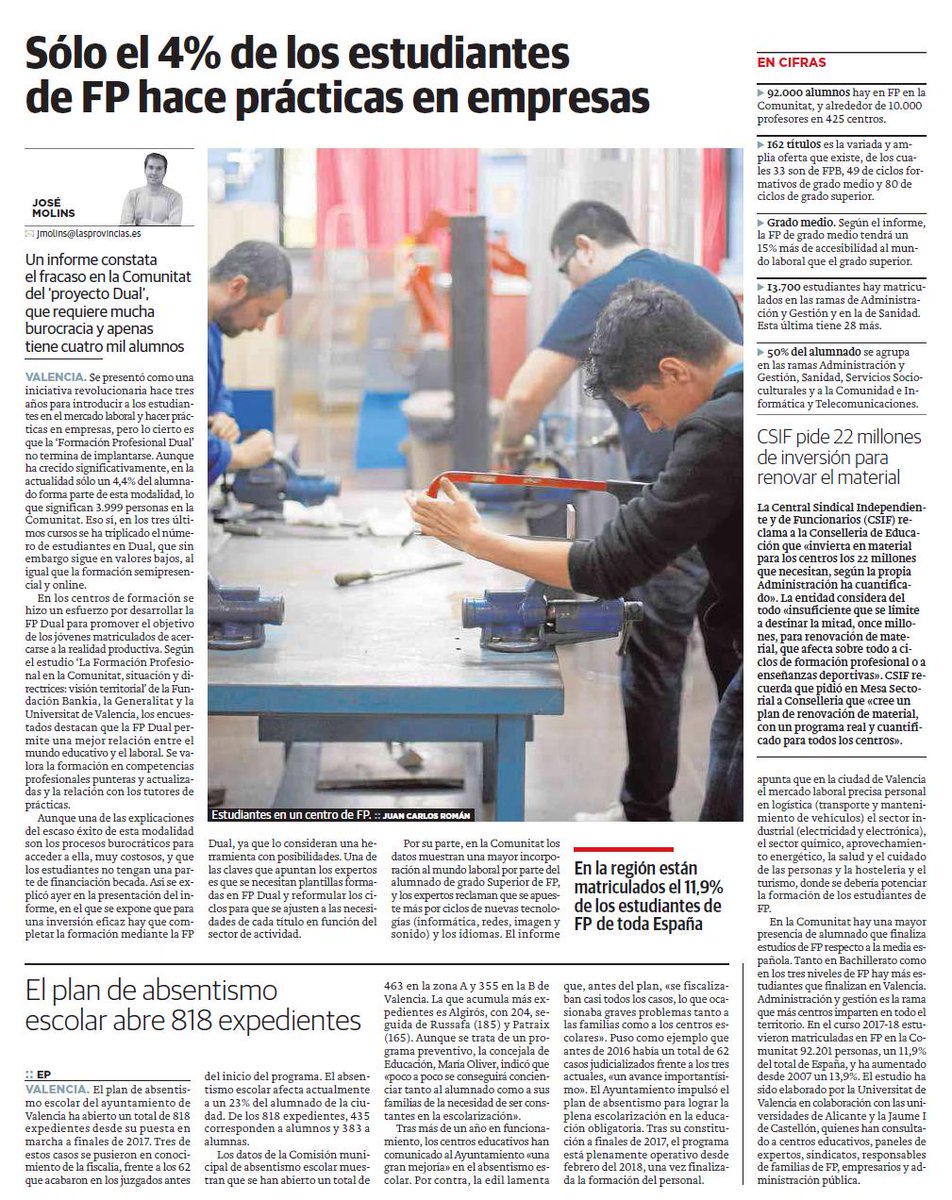 oscarboluda's tweet photo. Titular poco afortunado de @lasprovincias Para los que no conocen la FP puede llevar a engaño. Solo habla de la modalidad #fpdual En la FP TODOS los alumnos hacen Formación en Centros de Trabajo (prácticas). https://t.co/WIOyu1N7AL